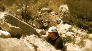 Me in Spain, I just scrambled up an easy 5.fun to the first bolt, now that I realize the real climbing was starting at 5.10, I started scoping my options while I was in a great rest spot.
